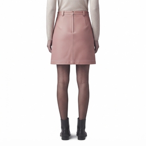 <b>Pink</b> PU Leather Mini <b>Skirt</b> High Waist Zip Front A-Line Slim Fit Solid <b>Women</b> <b>Skirt</b> for Autumn Winter - Product Image 2