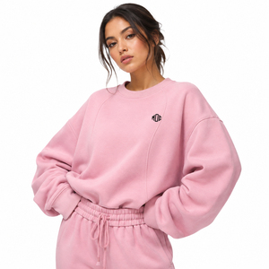 Women's Pink Oversized Sweatshirt Crew Neck Long Sleeve 100% Cotton Casual Pullover Drop Shoulder Autumn Winter Top OEM Supplier - Product Image 1