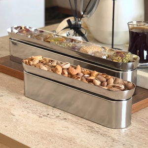 Modern <b>Metal</b> Serving Canisters Bowl Features Sleek Silver Long Oval Pans With Etched Detailing, Ideal For Hotel Buffet Display - Product Image 3