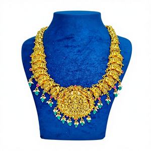 Collier de temple traditionnel indien du sud en or massif 22 carats, modèle Lakshmi Kasu Mala, fait main, avec pendentif pièce de monnaie déesse, long collier Haraam pour mariages - Product Image 1