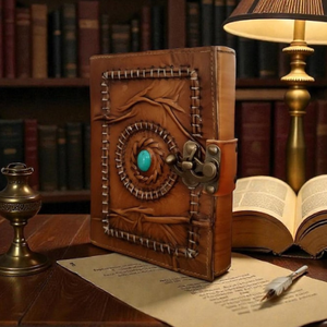 Journal en cuir fait main, couverture rigide vintage, gravé, Grimoire de pierre avec motifs mascotte d'amour et fleurs - Product Image 4