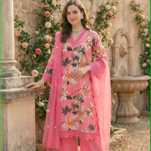 Ensemble de costume en coton rose imprimé Schiffli - Product Image 1