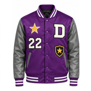 Men's <b>Purple</b> <b>Varsity</b> <b>Jacket</b> With D 22 Embroidery Badge Regular Fit Turn-down Collar Preppy Style Autumn Wear - Product Image 2