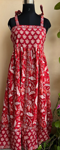 Minivestido rojo de algodón con estampado de bloques y estampado floral, cuello cuadrado, correas ajustables, largo maxi, bolsillo, vestido de estilo indio para mujer - Product Image 2