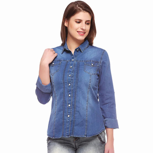 Camisa vaquera para mujer con cuello vuelto, manga tres cuartos, color liso, top informal con bolsillos, ropa de primavera - Product Image 5