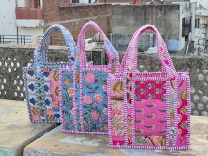 Colorful <b>Patchwork</b> Shopping <b>Bags</b> Medium Size Textile Tote With Top Handle Daily Use - Product Image 1