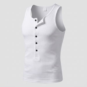 Débardeur côtelé blanc pour homme, col Henley, boutons sur le devant, sans manches, style décontracté - Product Image 1