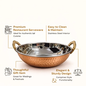 Kadhai de cobre martillado con asas de latón |   Olla para Servir de Acero Inoxidable para Interiores |   Servicio Tradicional Indio de Handi / Curry - Product Image 3