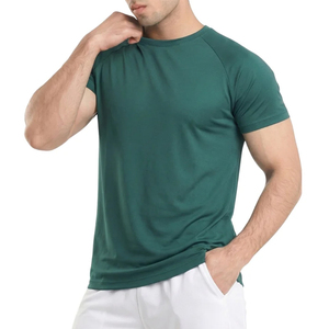 Camiseta Casual de Punto Transpirable para Hombre, Cuello Redondo, Manga Raglán, Corte Ajustado, Color Verde Sólido, Poliéster - Product Image 1