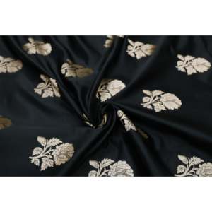 Tissu brocart poly noir brodé de fleurs, 44 pouces de large, motif floral doré, texture douce en dentelle, vendu au mètre - Product Image 4