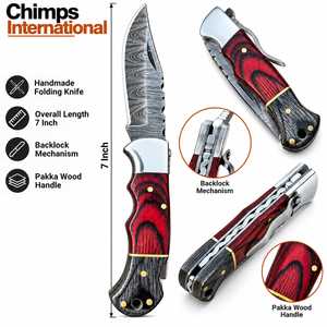 Couteau pliant tactique de survie pour la chasse et le camping en plein air, lame en acier Damas, manche en bois Pakka, clip de ceinture - 7 pouces, garantie de 3 ans - Product Image 3
