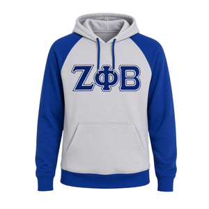 Sudadera con Capucha de Invierno para Hermandades Griegas, Venta al por Mayor OEM, Gris Azul Bicolor, Manga Raglán, Forro Polar, Alta Calidad, Letras Griegas, Bolsillo Canguro - Product Image 3