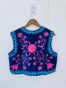 Artisan <b>Blue</b> Velvet Cotton Suzani Floral Lightweight <b>Women's</b> Embroidered Bohemian Ethnic Sleeveless Vest Coat <b>Waistcoat</b> - Product Image 6