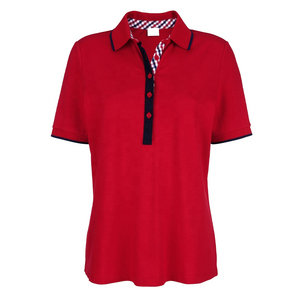 Polo de Manga Corta Rojo para Mujer, Estilo Casual de Punto de Color Sólido con Ribete Azul Marino y Cuello a Cuadros en el Interior - Product Image 5