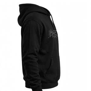 Sudadera con capucha de algodón grueso negro con diseño gráfico personalizado de montaña y sol, bolsillo y cordón ajustable - Product Image 3