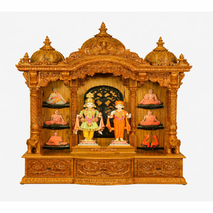 Designer Teak Wood Hand Carved Temple for Home Traditional Indian Peacock Carved <b>Mandir</b> Golden Puja Unit For Sale Australia - Product Image 1