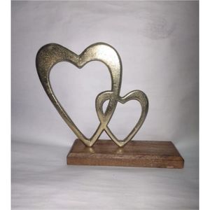 Sculpture moderne en métal en forme de deux cœurs entrelacés avec base en bois, décoration romantique pour table, ornement artistique pour la maison et le salon - Product Image 1