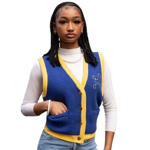 เสื้อกั๊กไหมพรม Sigma Gamma Rho สีน้ำเงินทองสำหรับผู้หญิง แบบติดกระดุม สไตล์ลำลองแบบ Preppy สำหรับชมรมนักศึกษากรีก - Product Image 2