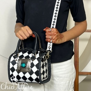 March Expo Checkered Pattern Genuine Cowhide Leather Speedy <b>Bag</b> with Turquoise Concho Personalised <b>Small</b> Shoulder <b>Bag</b> for Unisex - Product Image 1