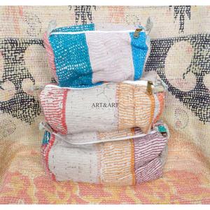 Indian Kantha Hand Block Print Cotton Cosmetic Bag Set with Tassel Zipper Closure Vintage Style-Women's Travel <b>Makeup</b> Pouch bag - Product Image 4