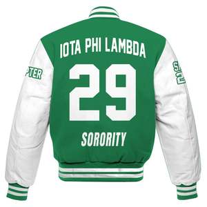 Chaqueta Universitaria Personalizada para Mujer Iota Phi Lambda, Color Verde Esmeralda en el Cuerpo, Mangas Blancas, Letras, Escudo, Número y Año, Estilo Bomber - Product Image 6