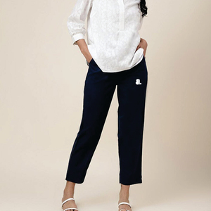 Women's Mid Waist Solid Color Pencil <b>Pants</b> Ankle-Length With Pockets Casual Style Flat Front Elastic Waist Embroidery Logo - Product Image 1