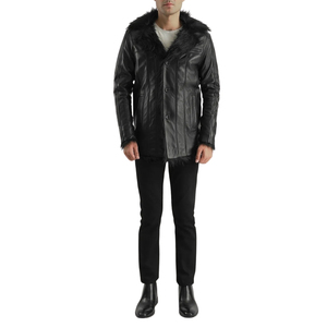 Chaqueta de Hombre Negra de Cuero Genuino con Cuello de Piel, Gruesa, de Un Solo Pecho y Corte Ajustado - Product Image 1