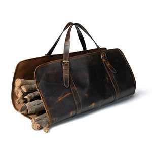 Sac de transport robuste en cuir véritable et bois pour bûches de bois de chauffage, style vintage, support pour bois de cheminée LWC-0001 - Product Image 2