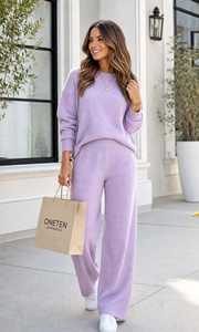 Ensemble de survêtement en tricot lilas pour femmes, col roulé, manches longues, coupe ample, survêtement de détente 2 en 1 - Product Image 4