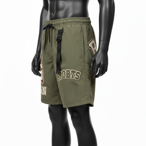 Short de bain pour homme en polyester Taslon vert olive de qualité supérieure 150 GSM à séchage rapide avec logo brodé en chenille personnalisé - Product Image 3