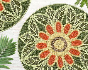 Handmade Beaded Round Placemat Floral Design Luxury Glass Bead <b>Table</b> <b>Mat</b> for Dining <b>Table</b> Decor Green & Orange Craftera Exports - Product Image 3