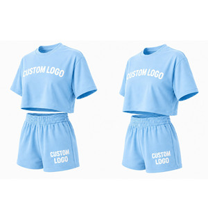 Conjunto de Top Corto y Pantalones Cortos para Mujer con Logotipo Personalizado, Azul Claro, Informal, Veraniego, Transpirable, de Poliéster Tejido, Dos Piezas - Product Image 3