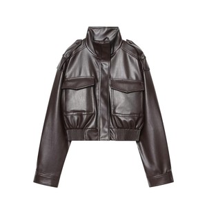 Chaqueta de Cuero PU Marrón para Hombre y Mujer, Estilo Corto, Manga Larga, para Otoño - Product Image 4