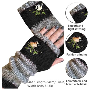 Guantes de invierno sin dedos con patrón de pájaros bordados personalizados, calentadores de brazos tejidos cálidos al por mayor, mitones de medio dedo para mujer - Product Image 2