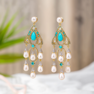 Natural Pearl Wedding Drop Earrings with Turquoise Amethyst Quartz 18K Gold Plated Zinc Alloy Stainless Steel Geometric Danglers - Product Image 3