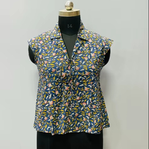 เสื้อผ้าฝ้ายทำมือสำหรับผู้หญิง ลายดอกไม้ พิมพ์ลายบล็อก สไตล์ลำลองสำหรับฤดูใบไม้ผลิและฤดูร้อน ความยาวสั้น - Product Image 1