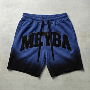 Shorts en molleton dégradé bleu-noir pour homme, broderie chenille, patch lettres, taille élastique avec cordon de serrage, style streetwear décontracté - Product Image 1