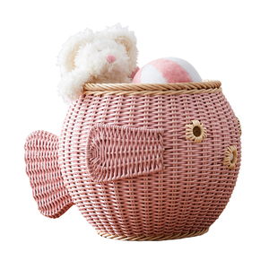 <b>Pink</b> Handmade Fish Rattan Toy Storage Basket Toddler Room Bedroom Furniture Useful Woven Storage Organization Bin Wholesale - Product Image 1