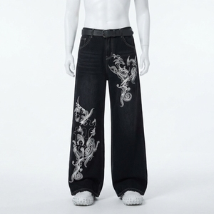 Jeans de Mezclilla de Cintura Alta y Pierna Ancha para Hombre, con Bordado Floral, Corte Holgado, Estilo Urbano de Algodón, para Otoño - Product Image 1