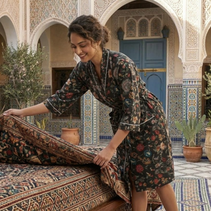 Bata Kimono de Algodón con Estampado Floral Negro para Mujer, Cuello en V, Ropa de Estar por Casa, Bata de Baño de Manga Larga con Cinturón y Bolsillos - Product Image 4