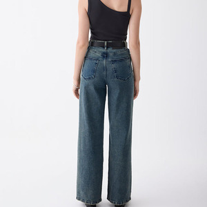 Vaqueros de mezclilla de cintura alta y pierna ancha para mujer, color liso, lavado a la piedra, estilo casual, largos, holgados, con cinturón, estilo otoño - Product Image 2
