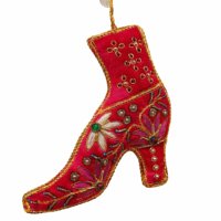 Décoration de sapin de Noël en forme de sandale à talon haut de 4,50 pouces, motif Zari doré, avec bordure dorée et fleurs perlées