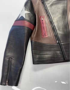 Chaqueta de Motociclista de Cuero Genuino para Hombre, Diseño de Estrellas en Negro, Marrón y Rojo, Cuello Alto, Cierre de Cremallera, Estilo Motero - Product Image 5
