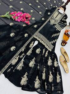 New Designer Party <b>Top</b> Palazzo Dupatta Set with satin work embossed designs - Product Image 4