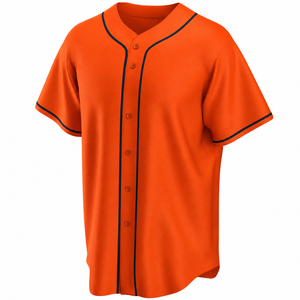 Camiseta de Béisbol Personalizada para Hombre, Color Naranja con Ribete Azul Marino, Apliques, Absorbe la Humedad, Cierre de Botones, Manga Corta, 100% Poliéster, 280gsm - Product Image 3