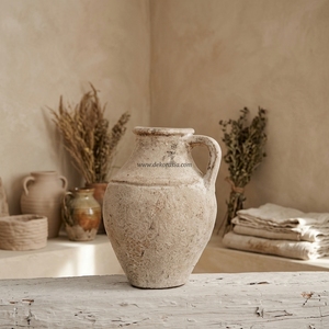 Vase Pichet Rustique en Terre Cuite Saloe avec Poignée, Artisanat en Céramique Décorative pour Table, Couleur Crème Vieilli - Product Image 2