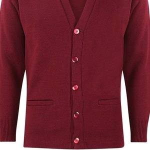 Suéter cárdigan con cuello en V color granate para hombre con ribete crema y botones rosas, manga larga, tejido acrílico, informal, con logotipos personalizados - Product Image 6