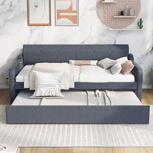 DayBed grigio imbottito Twin Size con Trundle e Design di ricarica USB può essere piatto o cancellato - Product Image 3