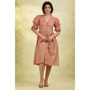 Vestido Midi Estampado 100% Algodón Ecológico para Mujer, Color Durazno, con Botones al Frente, Mangas Abullonadas, Cintura Natural, Ligero, para Verano - Product Image 3