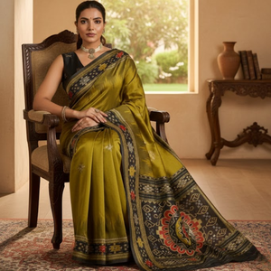 Sari Amarillo para Mujer en Tela Patola Pura |   Colección de Diseñador DC Element 0039, Prendas Tradicionales para Fiesta, Impresas Digitalmente, Sin Costuras - Product Image 1